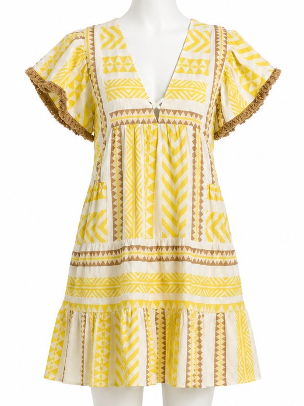 THML Embroidered Printed V-Neck Flutter Sleeve Dress S